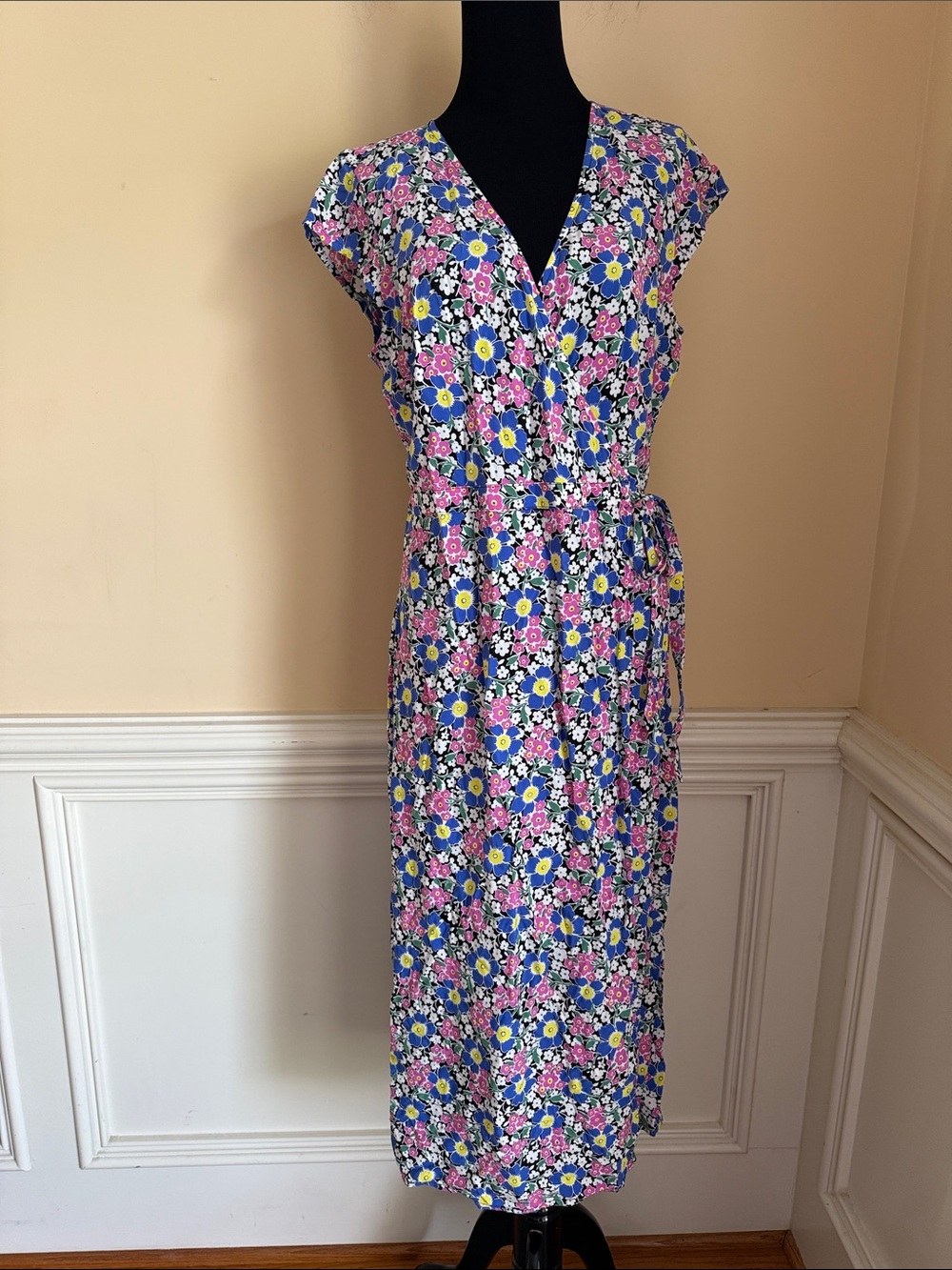 J. Crew Fabrizia Blue and Pink Floral Midi Wrap Dress Size Small